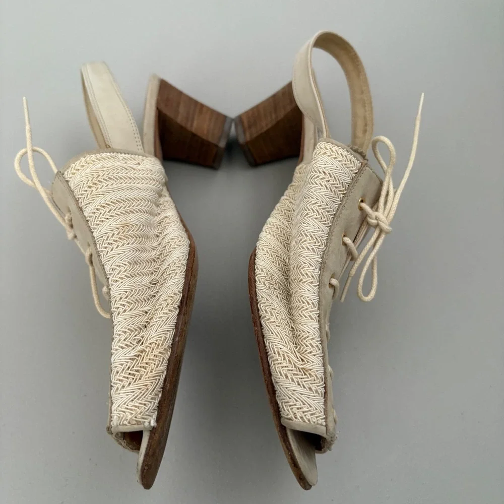 Saks Fifth Avenue Slingback Heels Lace Up Peep Toe Leather Woven Beige -Size 8.5